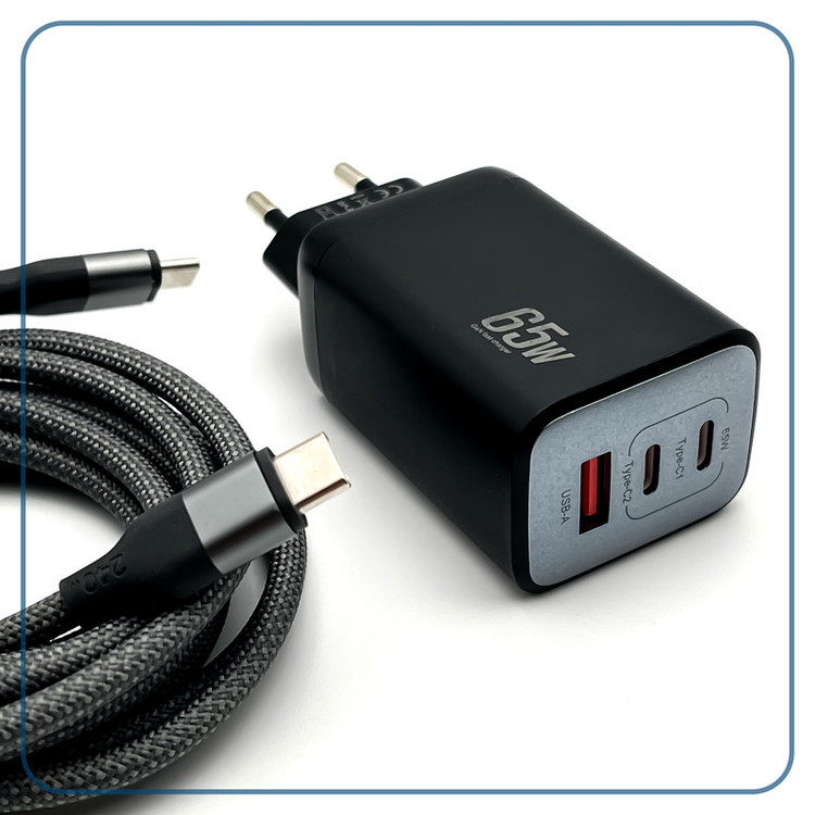 محصول نمونه تستی شارژر دیواری 65 وات 3 پورت وونک مدل PD65w به همراه کابل USB-C
